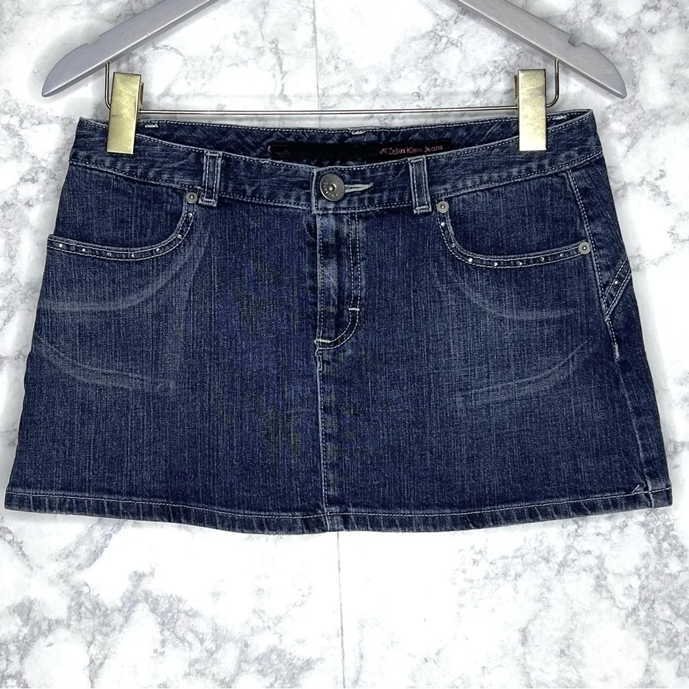 Calvin Klein Y2K Dark Wash Denim Mini Skirt Crystal Embellished Juniors 9